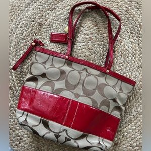 Coach Tote Bag Red Leather Stripe